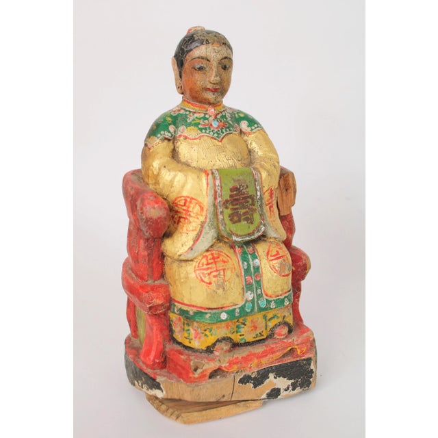 Pair of Chinese Wood Carved Polychrome and Gilt Decorated Figures For Sale - Image 9 of 12
