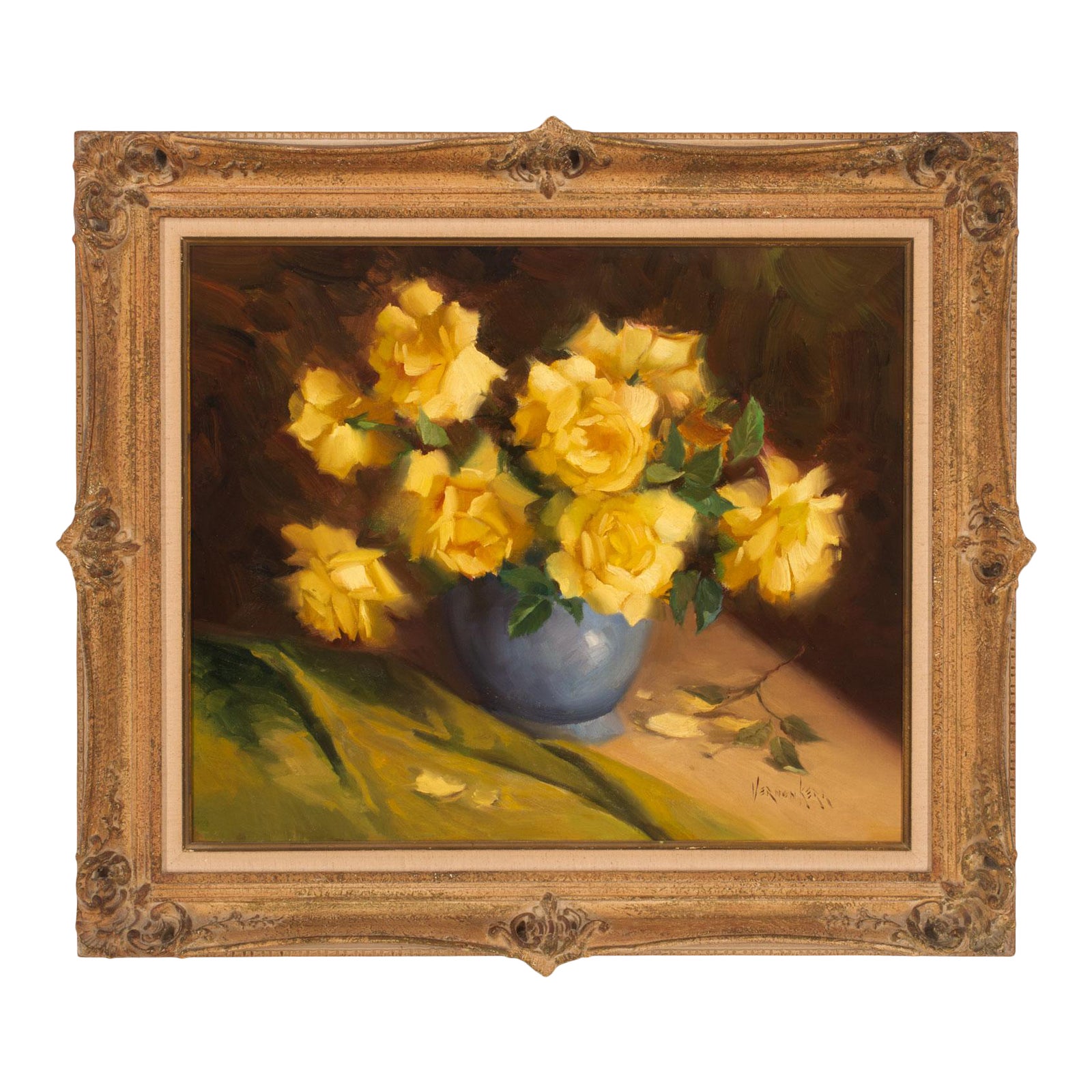 Circa 1965 "Yellow Roses" Floral Still Life Oil Painting on Canvas by