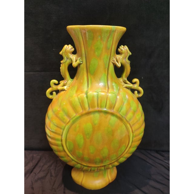Art Deco Chinese Ceramic Vase Ming Dynasty Hongzhi Marked Yellow Glaze Porcelain Vase Hand Carved Double Dragon Ears For Sale - Image 3 of 11