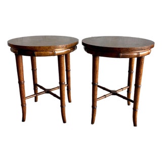 Vintage Hollywood Regency Side Tables by Henredon Burl & Faux Bamboo, a Pair For Sale