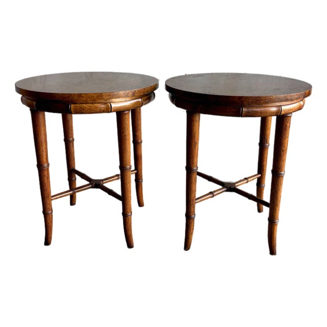 Vintage Hollywood Regency Side Tables by Henredon Burl & Faux Bamboo, a Pair For Sale