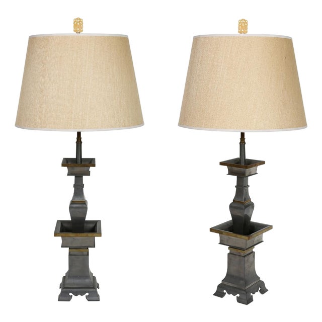Mid 20th Century Pewter Chinoiserie Lamps With Brass Detail - a Pair For Sale