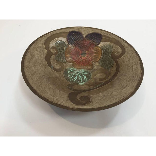Art Nouveau A Delbaux brass enameled vide poche, footed bowl. Hand-painted flowers, chased designs, made in France, circa...