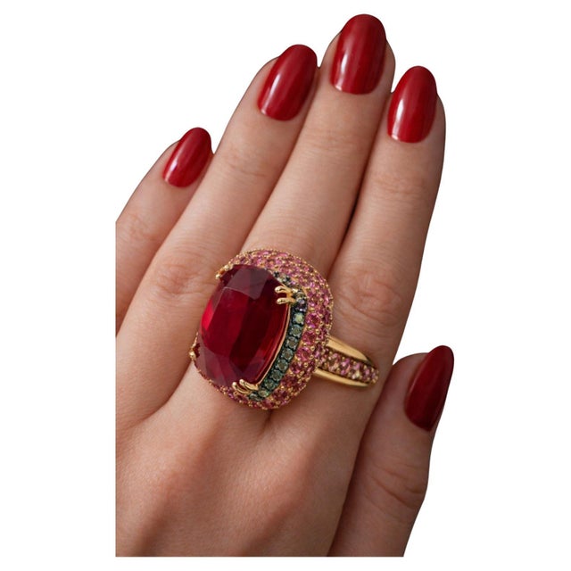 Bochic “Capri” Vintage Ruby, Emerald & Diamond Ring Set 18K Gold & Silver For Sale - Image 10 of 15