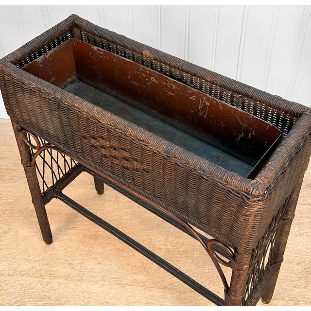 Antique Victorian Wicker Window Box Plant Stand With Insert For Sale - Image 6 of 13