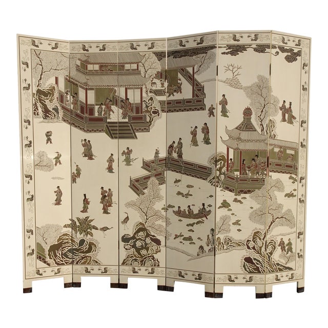 Six Panel Screen Coromandel Chinese Asian White Lacquer Room Divider