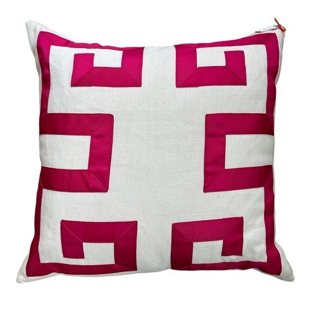 Beautiful Empire Birch linen pillow with fuchsia ribbon detail and a down blend pillow fill. 22x22