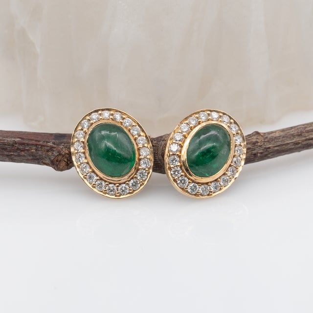 Emerald Stud Earrings With Earth Mined Diamonds in Solid 14k Gold, Oval 8x7mm, Pair For Sale - Image 4 of 7