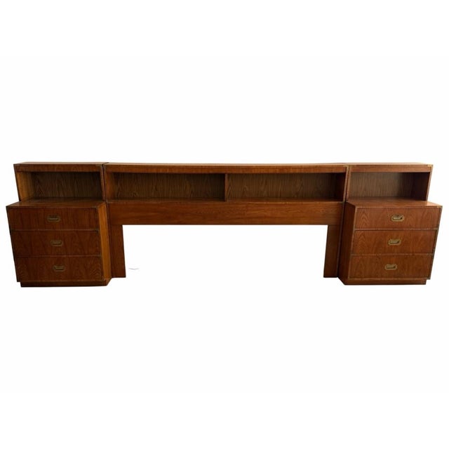 Vintage Mid-Century Modern Dixie Act II Campaign King Headboard with Matching Nightstands – 3 Piece, 146”W × 18.5”D × 43”H...