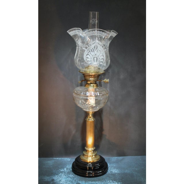 Art Nouveau Oil Lamp with Hand Blown, Etched Glass Shade and Duplex Burner, 1890s For Sale - Image 12 of 13