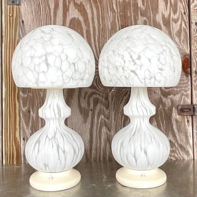 Illuminate your space with sophistication using our Vintage Murano Glass Sommerso Globe Lamps for Laurel - A Pair. These...