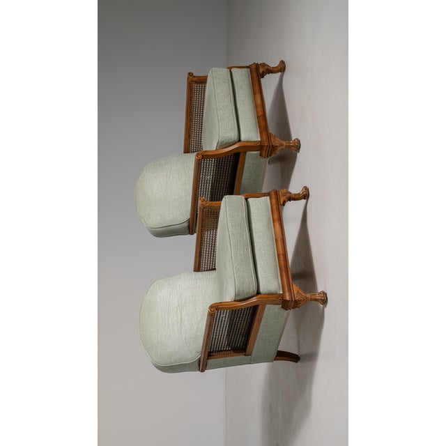 Mid 20th Century Pair of Eclectic Upholstered Armchairs with Rattan Accents For Sale - Image 13 of 13