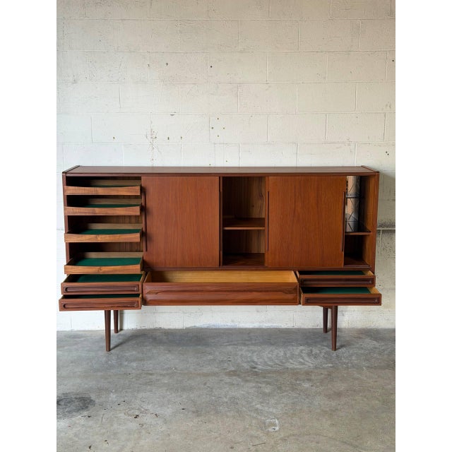 In Style of Johannes Andersen Teak Sideboard Credenza With Sliding Doors Danish Mid-Century Modern 1960s For Sale - Image 4 of 13