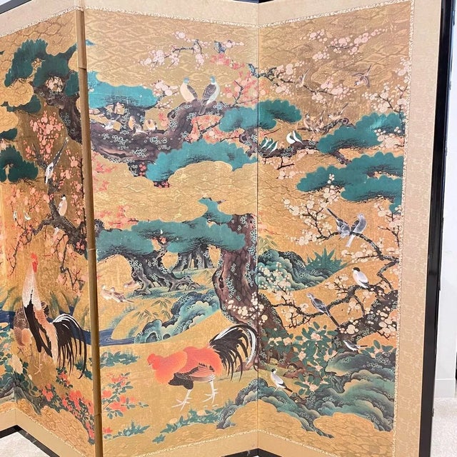 19th Century Japanese Screen Byobu Folding Rooster 6-Panel Spring Summer Hold Raku Kano, Framed For Sale - Image 4 of 12