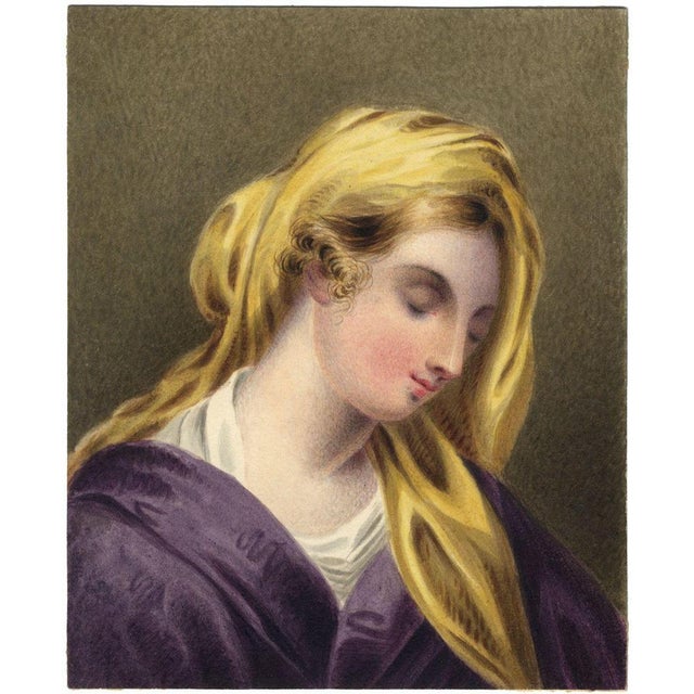 An original c.1830 watercolour painting Portrait of a Lady in a Head Shawl.A charming and very finely painted portrait of...