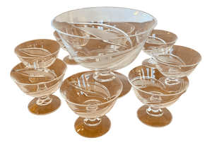 Mid-Century Crystal Punch Center Bowl and Coupe Glasses from Cristallerie de Lorraine, 1950s, Set of 9