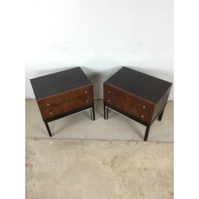 This pair of mid century modern nightstands by American of Martinsville feature hardwood construction, beautiful mahogany...