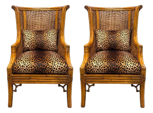 Pair of Double-Caned Rattan Wing Chairs With Leopard Upholstery