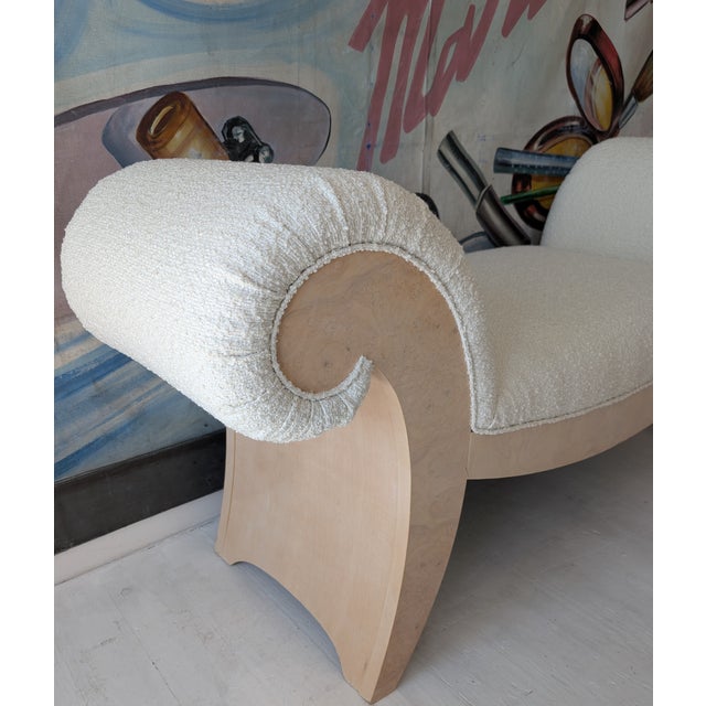 1970s Large Vintage Scroll End Burl and Boucle Upholstered Bench, 1970s For Sale - Image 5 of 10