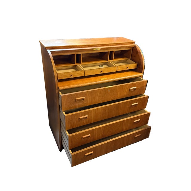 1960s 1960s MCM Danish Teak Roll Top Desk With Original Keys For Sale - Image 5 of 8