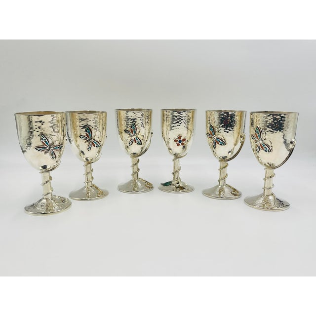 1980s 1980s Set of 6 Emilia Castillo Silver-Plated Goblets With Stone Inlay For Sale - Image 5 of 18