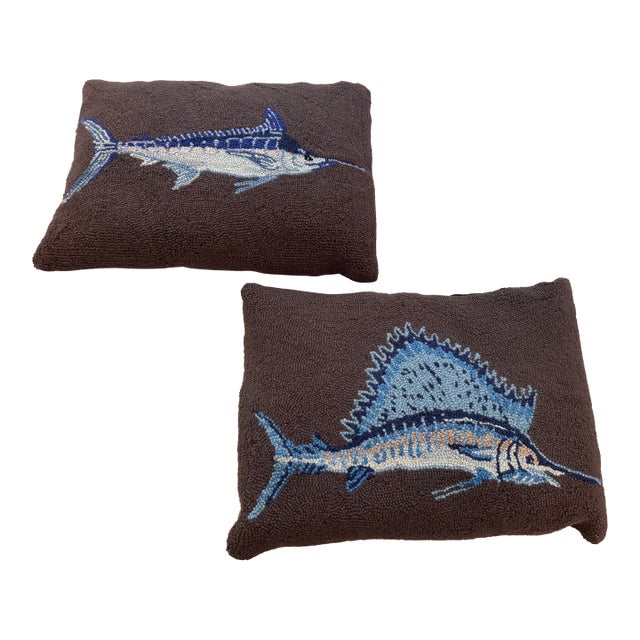Swordfish and Sailfish Hand-Hooked Throw Pillows- Set of 2 For Sale