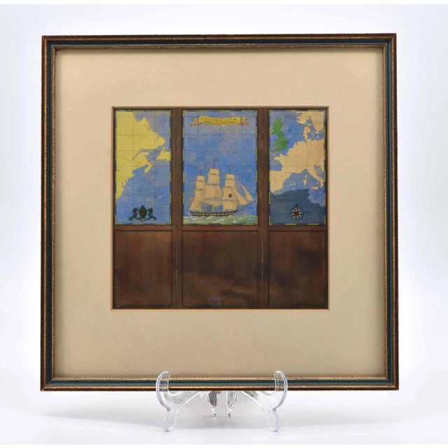 A watercolour drawing of a three-fold screen design, depicting a nautical map of the atlantic showing america and europe,...