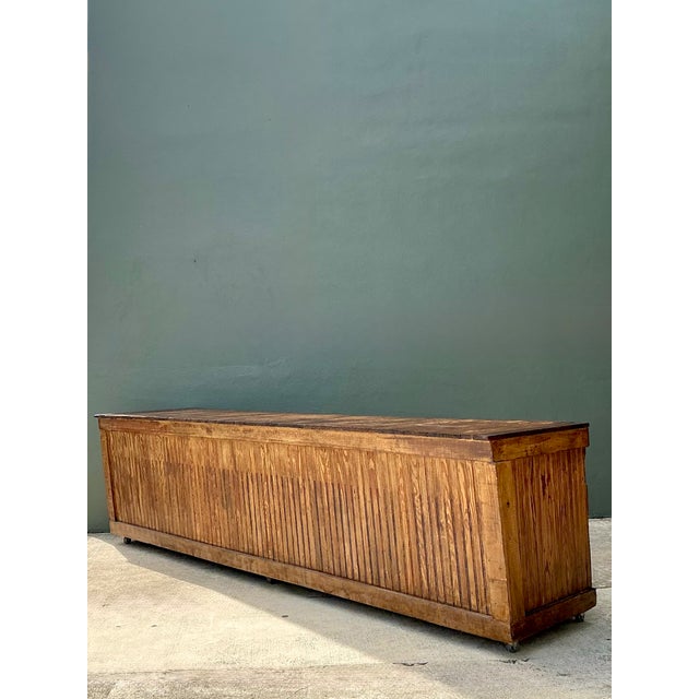 Mid-Century Modern Vintage Wood Industrial Long Counter For Sale - Image 3 of 13