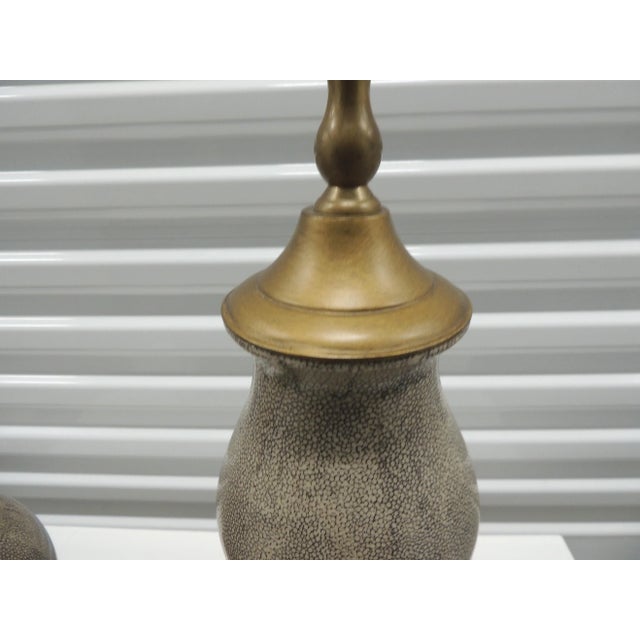 Wood MCM Style Triple Gourd Shape Gray Shagreen Ceramic Table Lamps - A Pair For Sale - Image 7 of 8