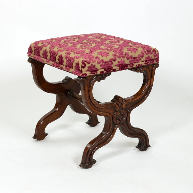 Brown Carved Mahogany Curule Form Upholstered Stool With New Velvet Upholstery English, Circa 1890 For Sale - Image 8 of 8