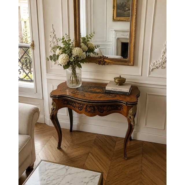 An antique French kingwood marquetry card table and console table of outstanding quality with a beautifully shaped...