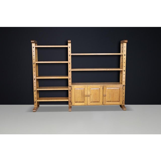 Large Brutalist Modular Shelving Unit in Oak with Metal Pegs and Cabinet, Belgium, 1960 For Sale - Image 15 of 17