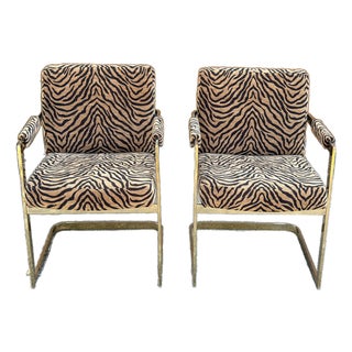 70's Milo Baughman for Thayer Coggin Newly Scalamandre Upholstered Cantilever Flat Bar Chairs - A Pair For Sale