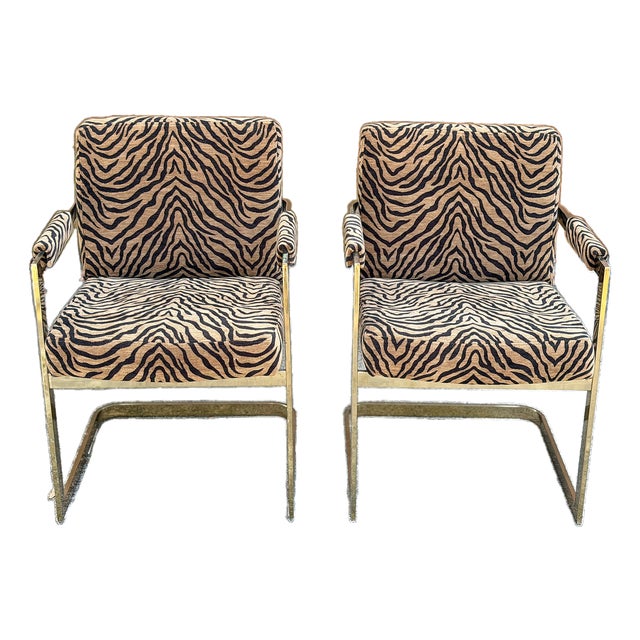 70's Milo Baughman for Thayer Coggin Newly Scalamandre Upholstered Cantilever Flat Bar Chairs - A Pair For Sale