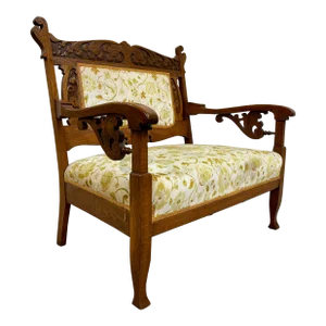 Antique Victorian Eastlake Tiger Oak Carved Floral Upholstery Settee Loveseat