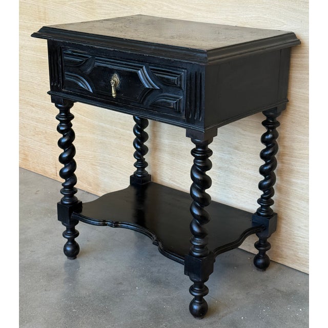 1900-1909 Dark Walnut Carved Spanish Nightstands With Solomonic Legs and Low Shelve For Sale - Image 9 of 15