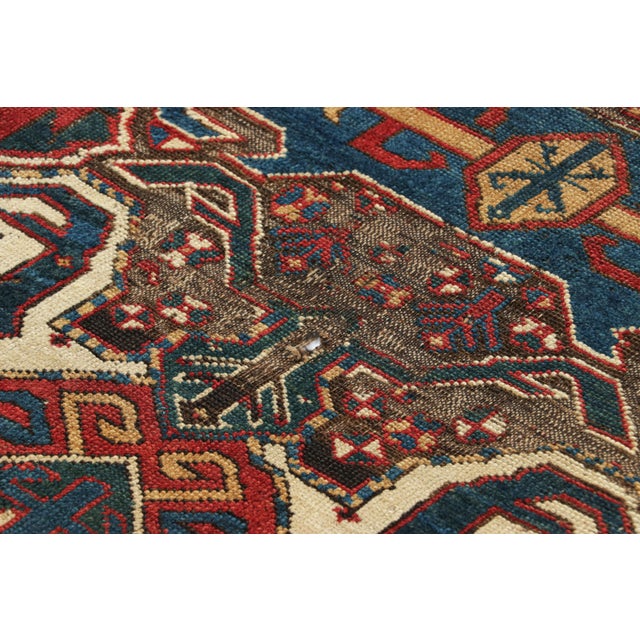 Tribal Antique Lenkoran Kazak Runner Rug, Red & Blue Geometric Medallions - Rug & Kilim For Sale - Image 3 of 7