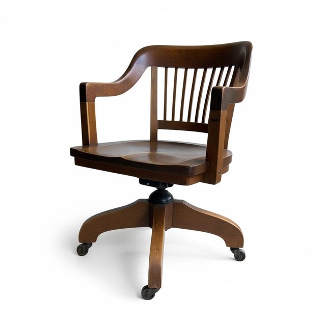 Gunlocke Early 20th-C. Bank of England Gunlocke Oak Tilting Rolling Banker’s Office Desk Chair For Sale - Image 4 of 6