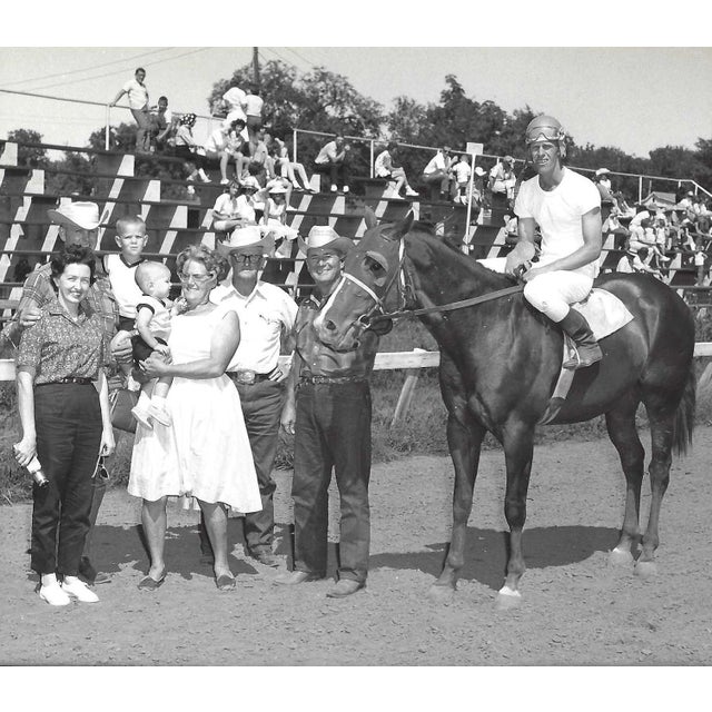 1964 black and white photograph of The Conquest in the winner's circle at Marble Downs in Carthage, Missouri. Jockey O....