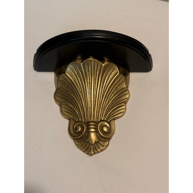 Art Deco 1970s Hollywood Regency Brass and Black Lacquer Shell Sconces - A Pair For Sale - Image 3 of 8
