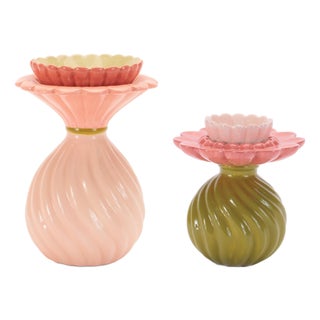 Floral Swirl Dolomite Candle Holder Vase (Set of 2) For Sale