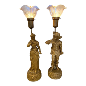 Pair of Mid Century, Marbro Lamp Co. Metal & Gold Plaster Painted Finish Woman & Man Table Lamps With Glass Shades