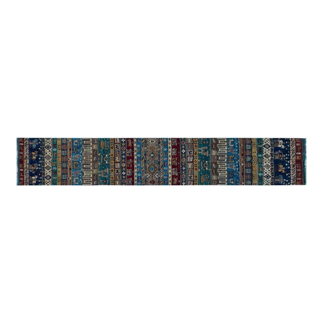 Hand-Knotted Qashqai Style Pictorial Khorjin Runner, Camels and Lions, 2'9" X 15'10" For Sale