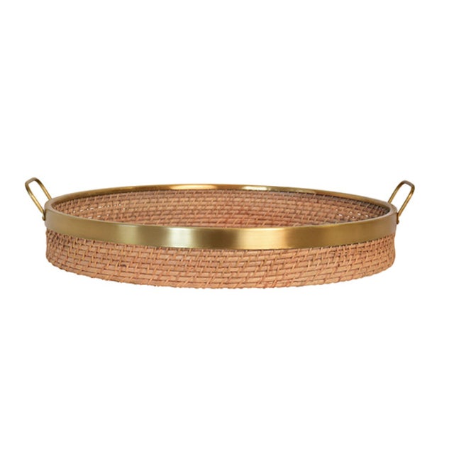 Wood Matthew Izzo Home Babs 18" Round Natural Rattan and Brass Trim Serving Tray For Sale - Image 7 of 7