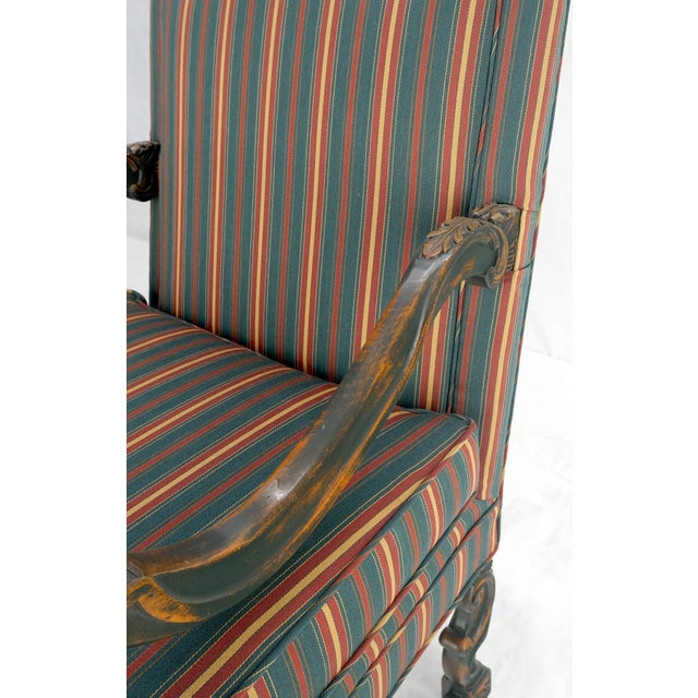 Pair of Carved Bases & Arms Striped Upholstery Fire Side Arm Lounge Chairs MINT! For Sale - Image 18 of 18