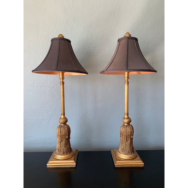 Late 20th Century Large Italian Tassel Buffet Lamps With Black Shades, Pair For Sale - Image 11 of 11