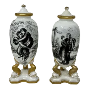 453. Antique Pair French Gilt Porcelain Vases or Urns en Grisaille Lover Scenes 19Ct