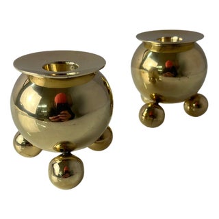 Spherical Brass Candlesticks from Gusums Bruk, Set of 2 For Sale