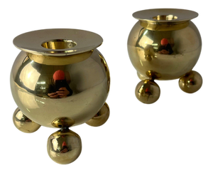 Spherical Brass Candlesticks from Gusums Bruk, Set of 2