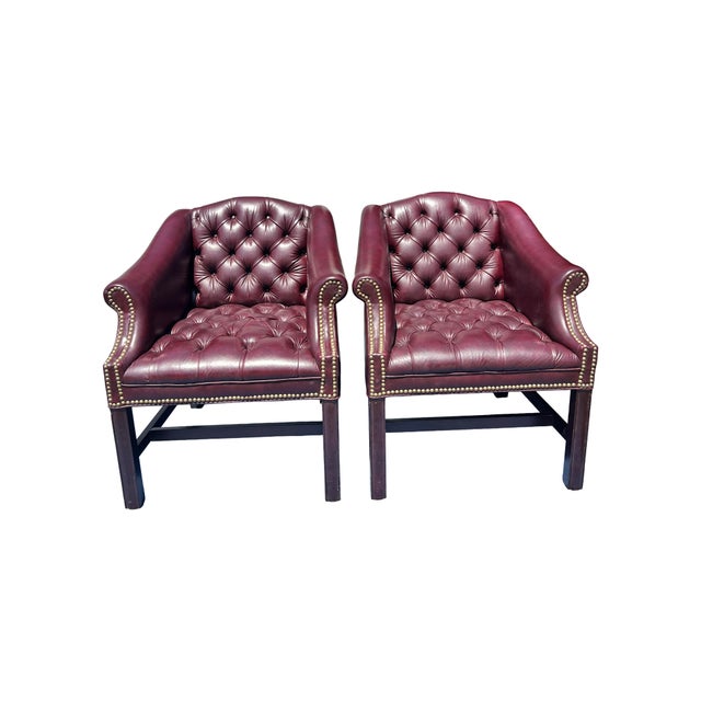 Vintage Tufted Chesterfield Style Pair Chairs With Brass Rivets For Sale In New York - Image 6 of 9